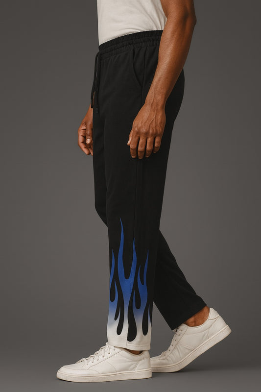 Men’s Black Joggers with Blue Flame Print
