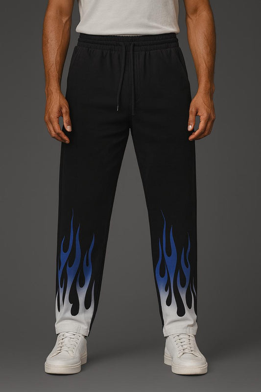 Men’s Black Joggers with Blue Flame Print